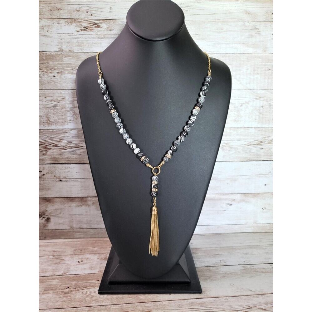 Very Long Black, White, Gold Tone Stunning Statement Necklace